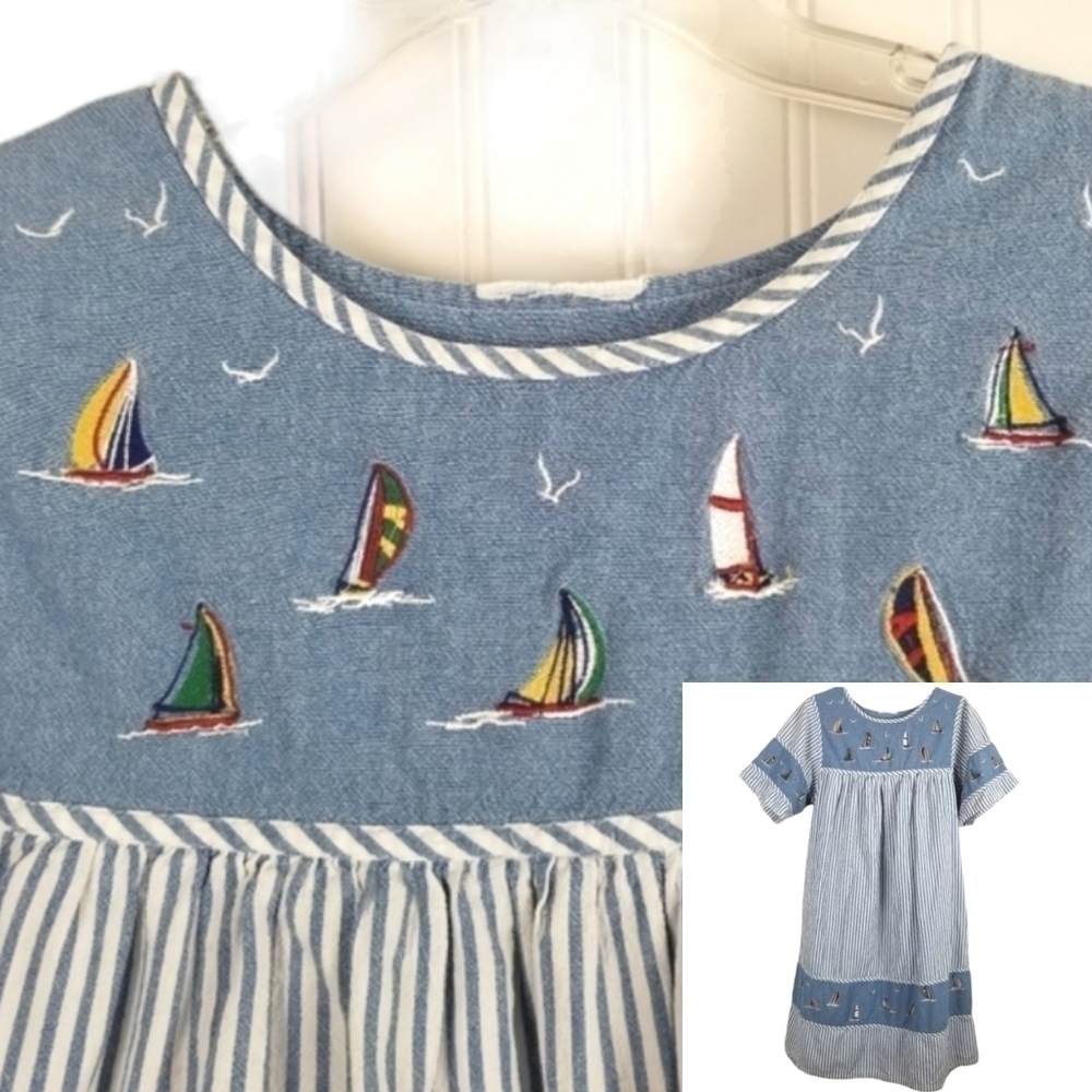 Striped Sailboat Embroidered Short Sleeve Light Denim Dress Summer Nautical S/XS